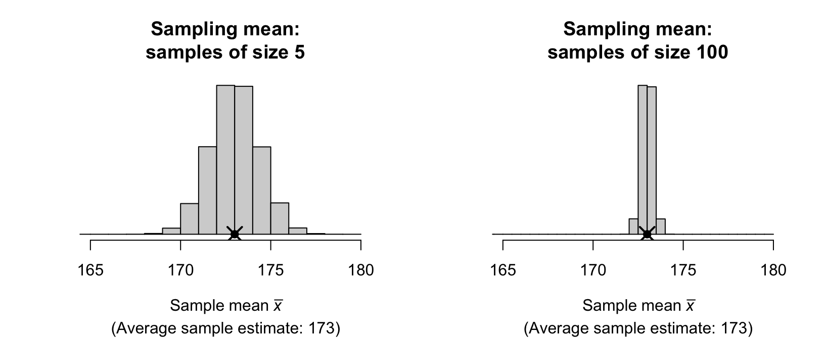 Sampling distributions for the sample mean for sample of size $n = 5$ (left) and $n = 100$ (right). The solid dots represent the population mean, and the cross is the mean of the sample estimates.