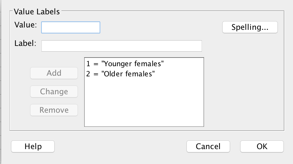 Defining the levels (Values) for the age group, in the Variable View.