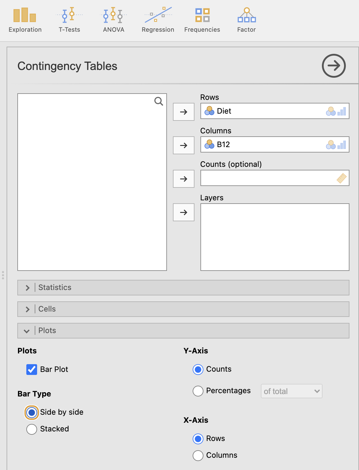 Adding the variables to create a side-by-side bar chart in jamovi.