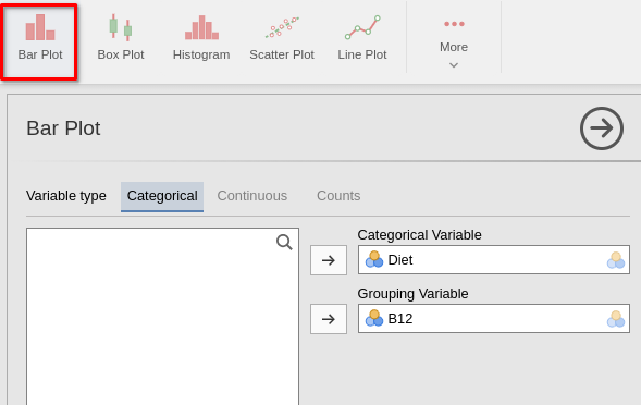 Adding the variables to create a bar chart in jamovi.