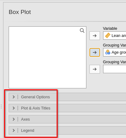 The plotting options for bar charts (left) and boxplots (right).