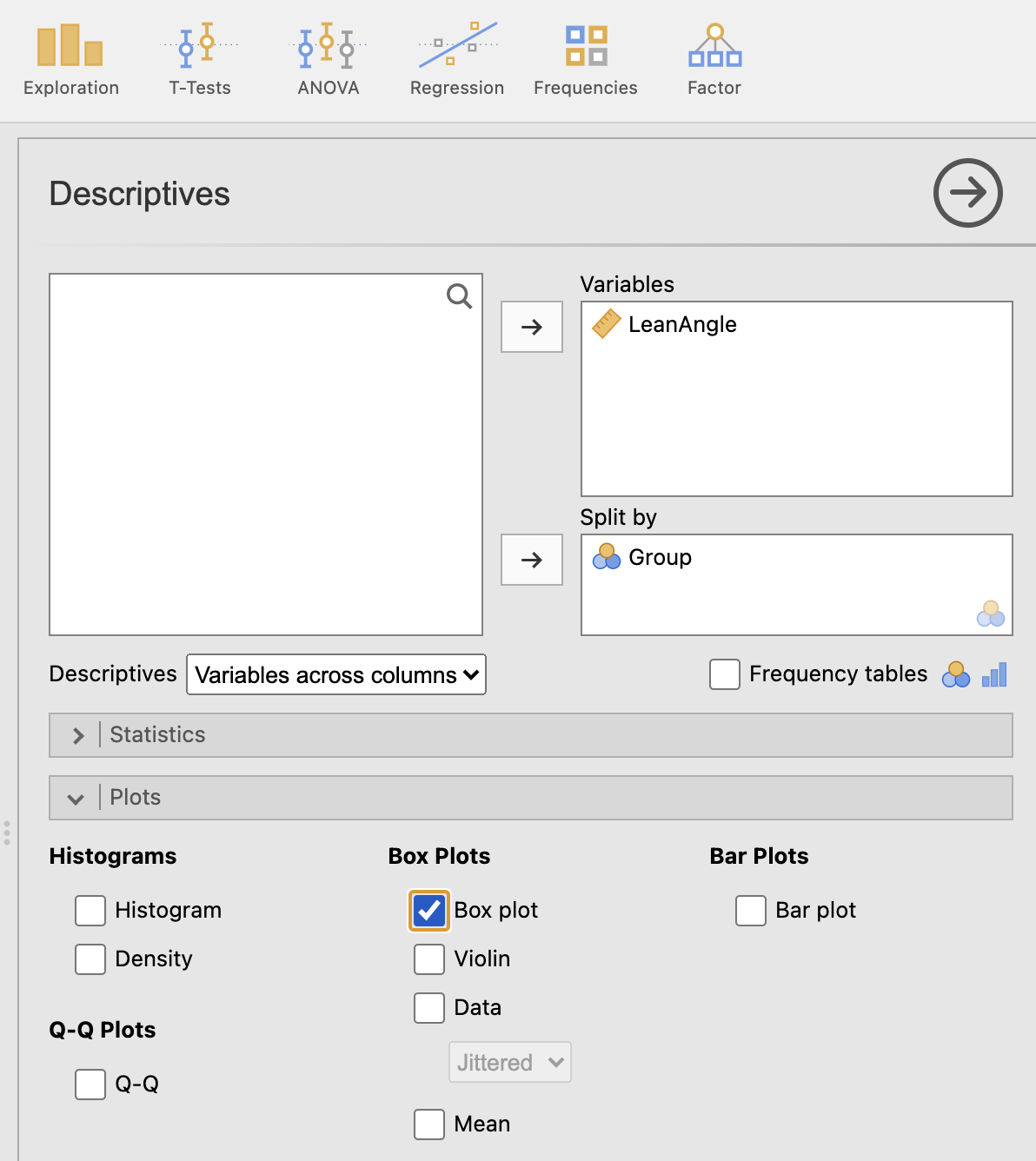 Selecting the variables for a boxplot.