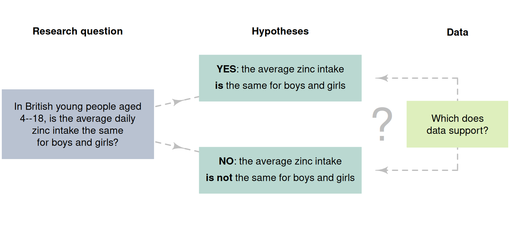 Two possible answers to the RQ (two hypotheses) about zinc intake in children.