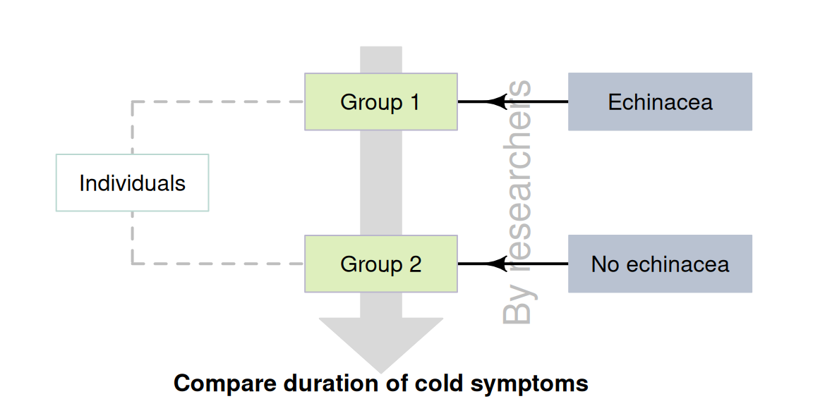Quasi-experimental studies: researchers do not allocate individuals to groups, but do allocate treatments to groups. The dashed lines indicate steps not under the control of the researchers.